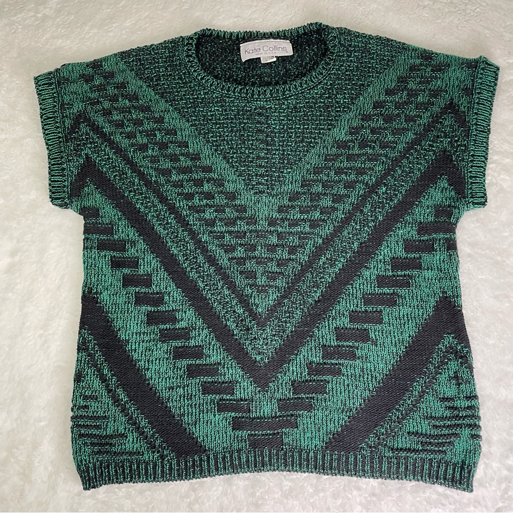 Vintage Kate Collins Knit Sweater Women’s L Green Black Geometric Chevron Retro